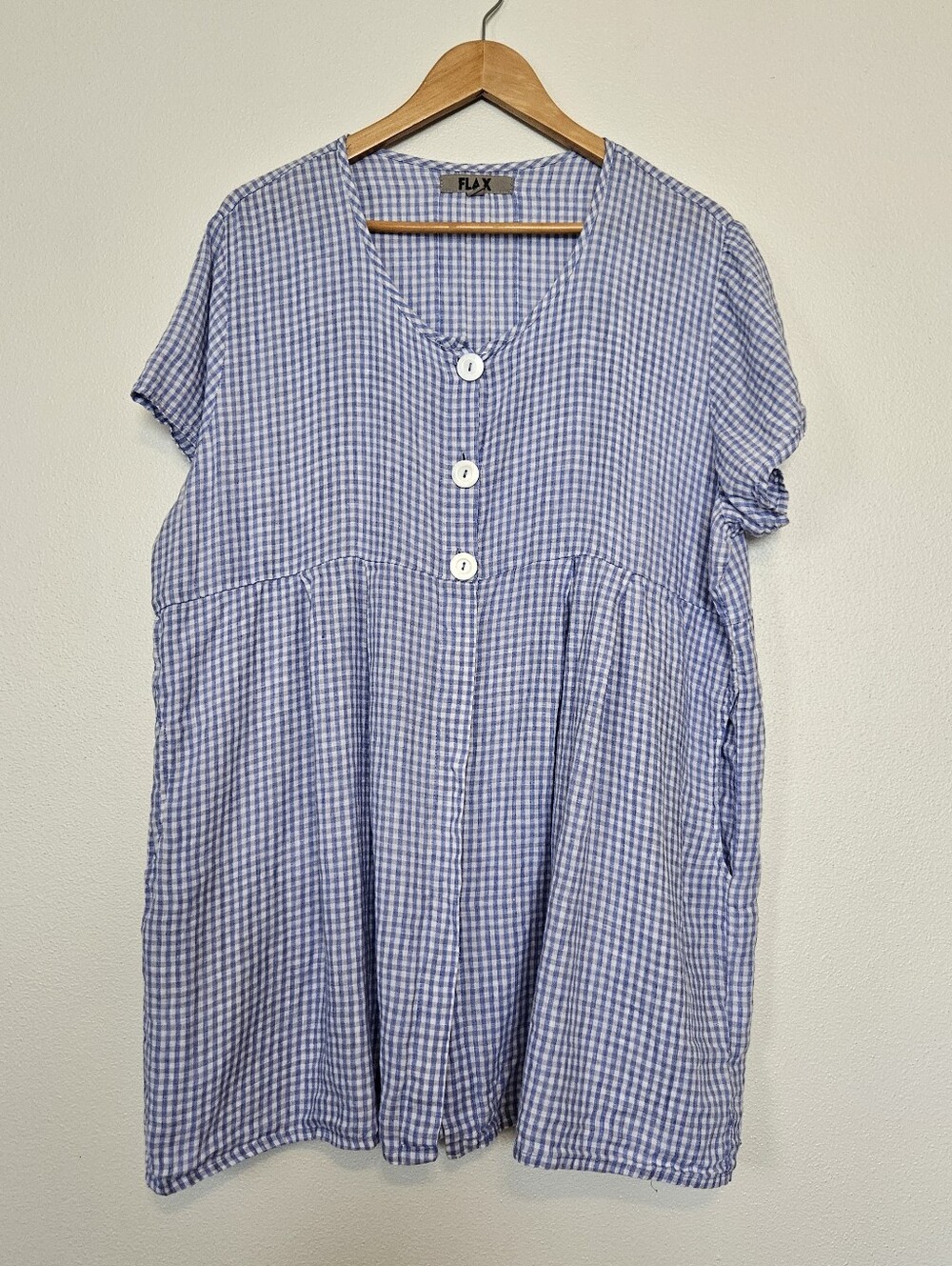 FLAX 100% Linen Tunic Dress Short Sleeve Pockets Blue White Check Large